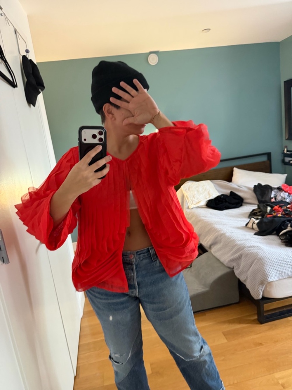 Zara Red Pleated Ruffle Blouse